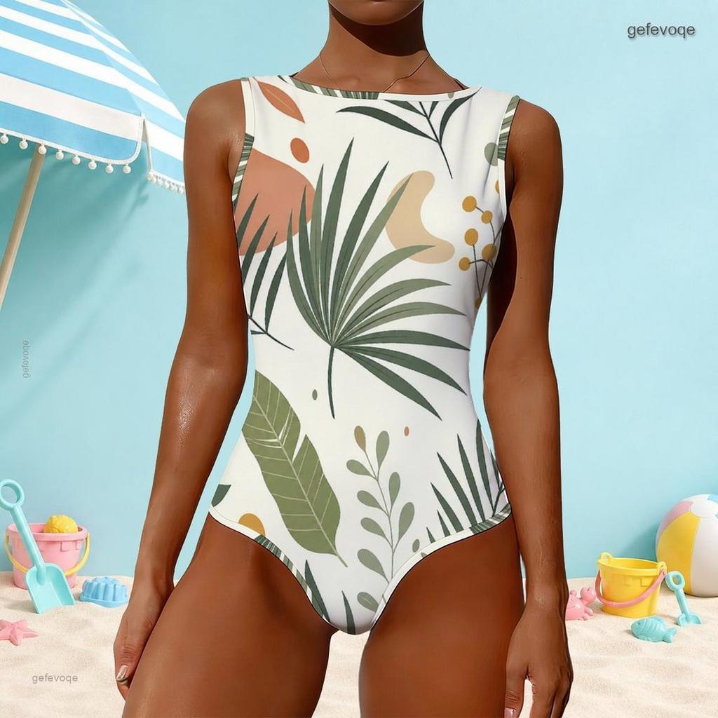 Women Plus Size High Round Neck Sleeveless Abstract Fruit Printed One Piece Swimsuit