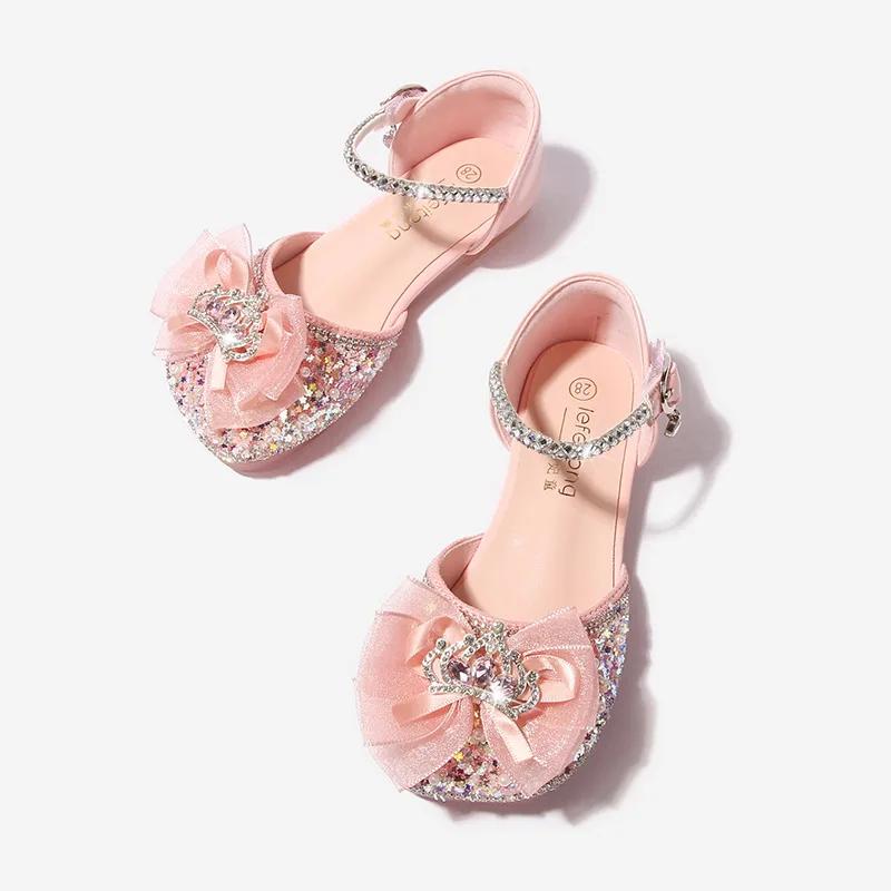 2024 Elegante Kindersandalen für Mädchen Mode Pailletten Süße Kinder Spitze Schleife Einzelne Schuhe Party Hochzeit Prinzessin Flache Sandalen