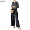 ZANZEA Damen Langarm Print Bluse und Hose Lässige Zweiteiler Anzugsets