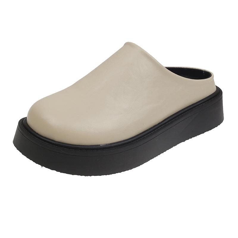 Women s Spring Platform Mules Baotou Half Slippers Casual Round Toe Slip on Leather Shoes for Women Solid Flat Bottom Slides 35
