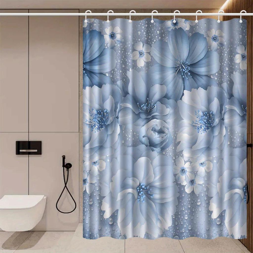 1pc blue floral shower curtain, polyester fabric, machine washable, with hooks, suitable for bathroom decoration