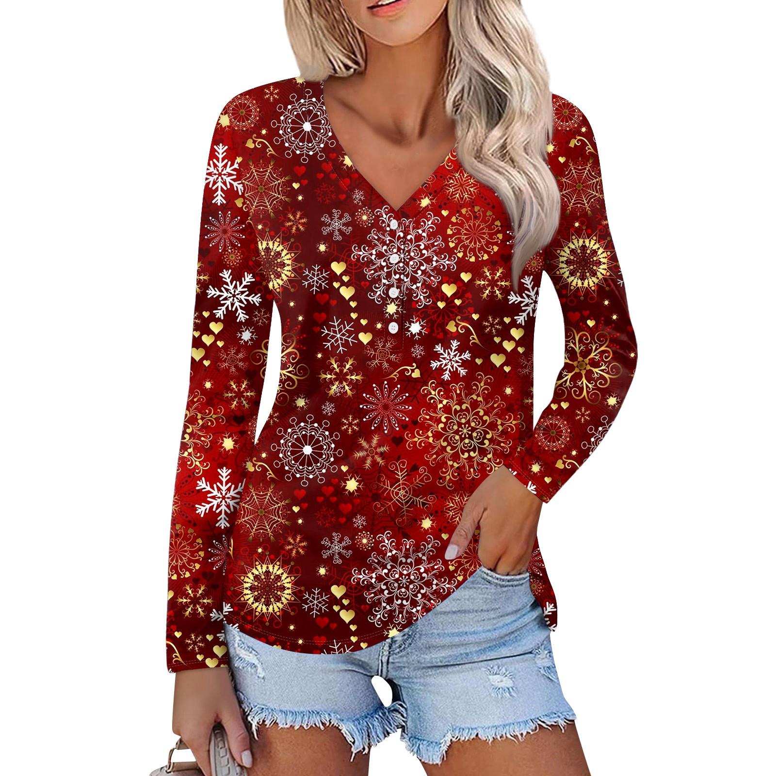 

Женская повседневная мода сексуальный комфорт рождественский принт V-образный вырез пуговицы длинный рукав L