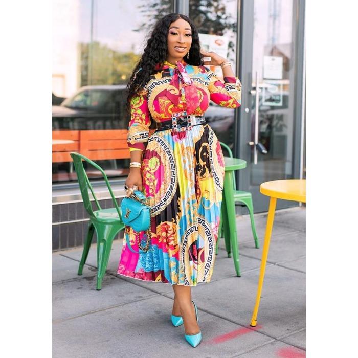 

New spring and summer dress African printed bow collar seven-quarter sleeve medium and long dress large size women s clothing XXXL