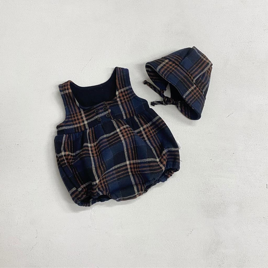 Stylish Plaid Wool Fleece-Lined Baby Girl Romper with Footie Straps