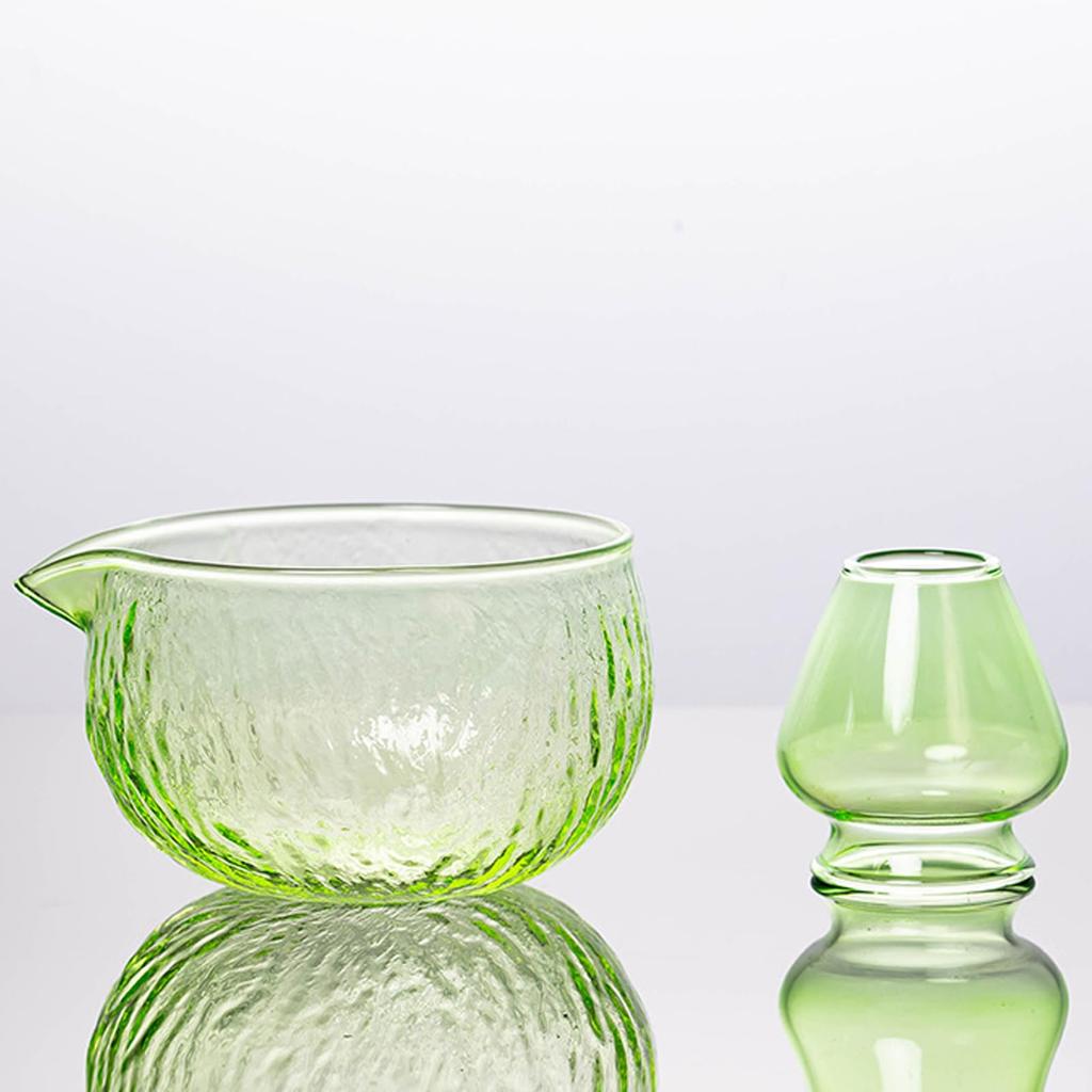 MiniMood Matcha Bowl Set, Heat-Resistant Glass, Tea Ceremony Set, Gift Set, Transparent Clear, Tea Bowl + Chasen Holder, Traditional Japanese Design,