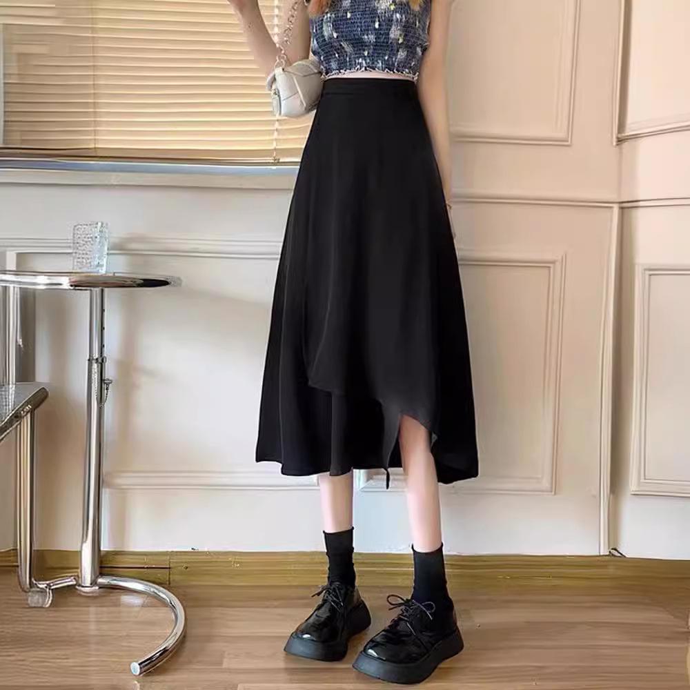 Black A-Line High Waist Plus Size Mid-Length Skirt for Women - Spring/Autumn Casual Irregular Umbrella Design