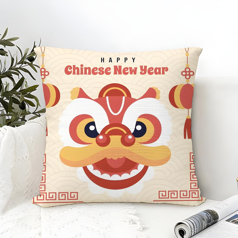 Oriental Festive Lion Print Pillow Case Cotton Linen Fabric Square Zipper Pillowcase Home Decorative Living Room