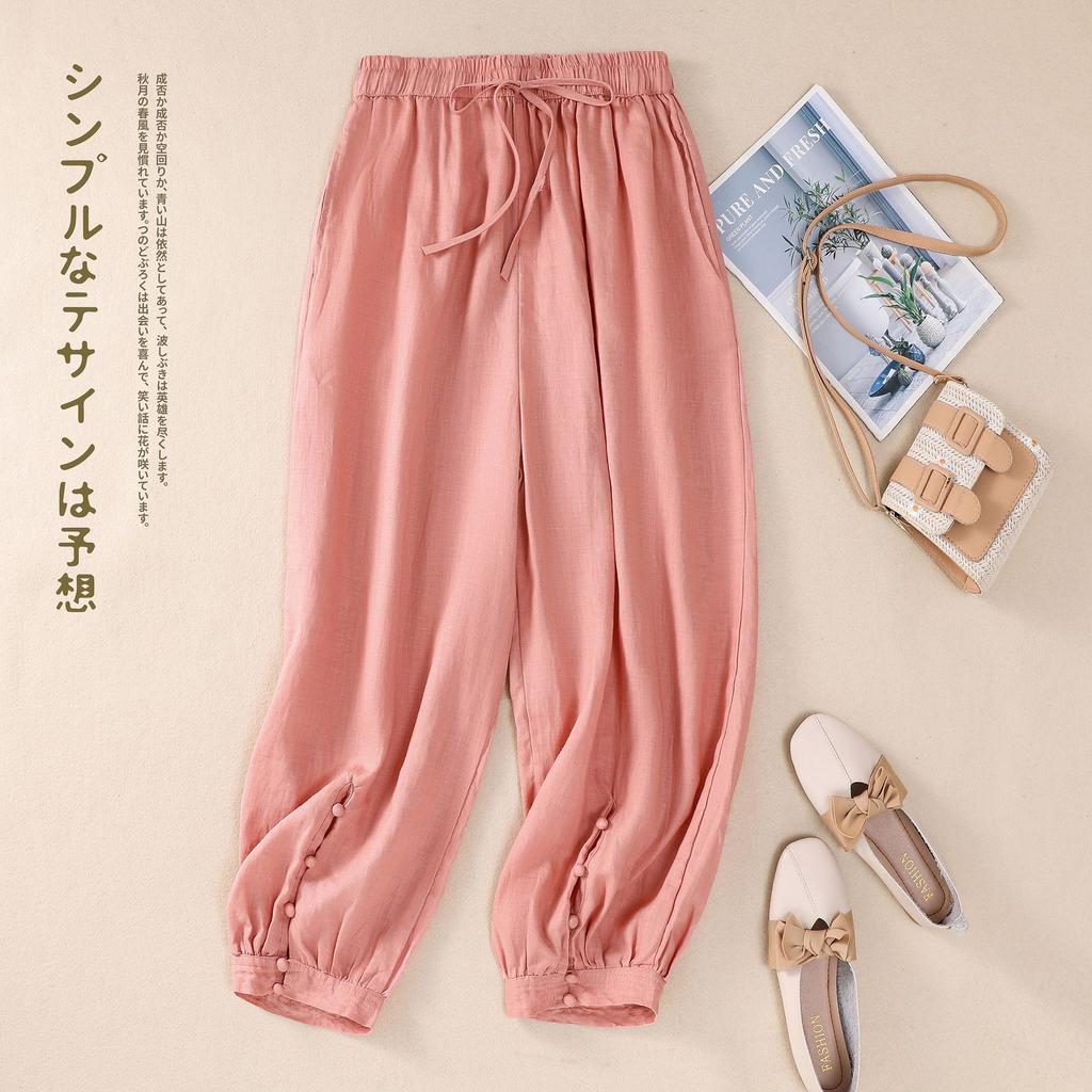 Summer new literary loose solid color cotton and linen elastic waist Harlan pants nine-point pants women's casual pants