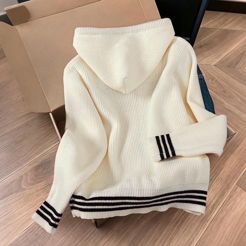 Women's Striped Hooded Knit Zip-Up Jacket