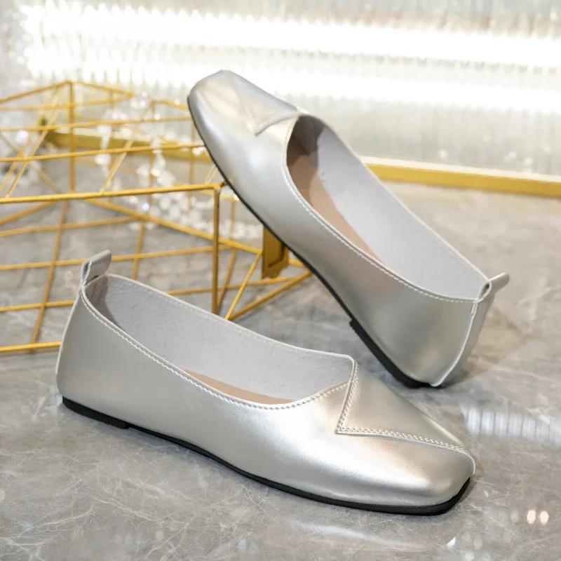 Autumn New Flat Shoes Women's Square Head Shallow Mouth Splicing Soft Sole Anti-slip Wear-resistant Low-top Shoes