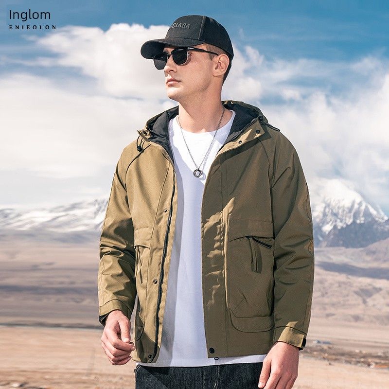 

Yingjuelun 2025 Autumn/Winter New Hooded Workwear Casual Jacket Men s Outdoor Mountain Windproof Jacket D Army Green L