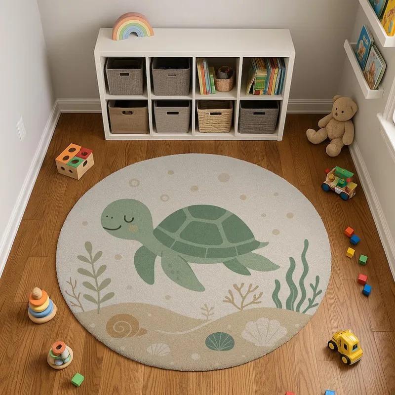 Vibrant Sea Turtle Swarm Rug Circle Carpet with Playful Turtles & Coral Reef Ocean Life Mat for Vibrant Home & Kids Room Decor