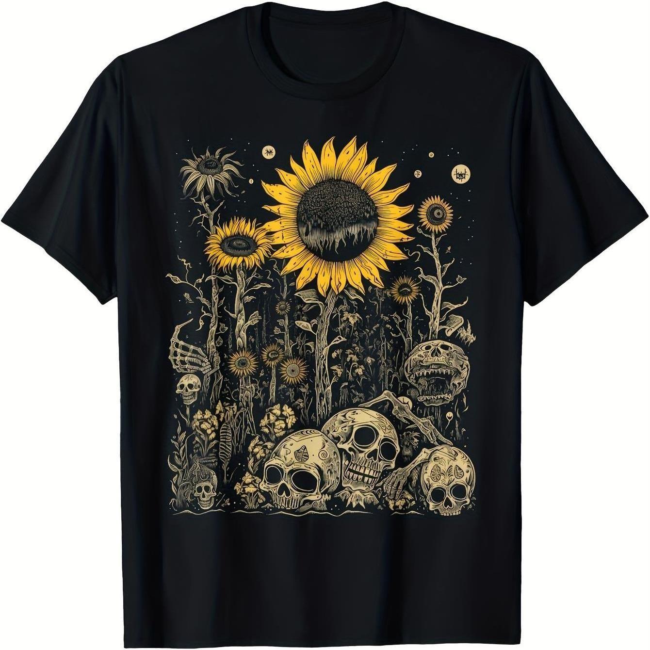 

Gothic Sunflower and Skulls Graphic Tee Unisex s Black Cotton Crew Neck T-Shirt Macabre Art Casual Print S