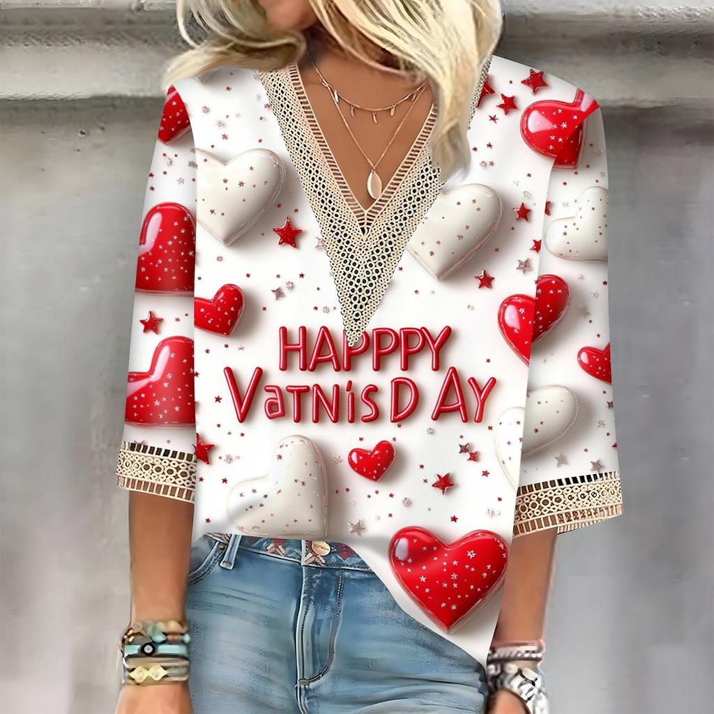 Women's Three-quarter Sleeve Lace Valentine's 3D Printed Top
