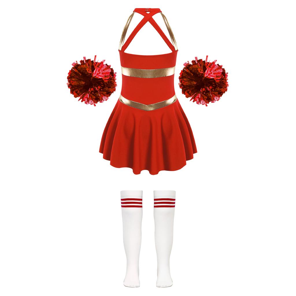 Girls Cheer Costume Sleeveless Crisscross Back Letter Print Patchwork Dress Pom Poms Striped Socks Set