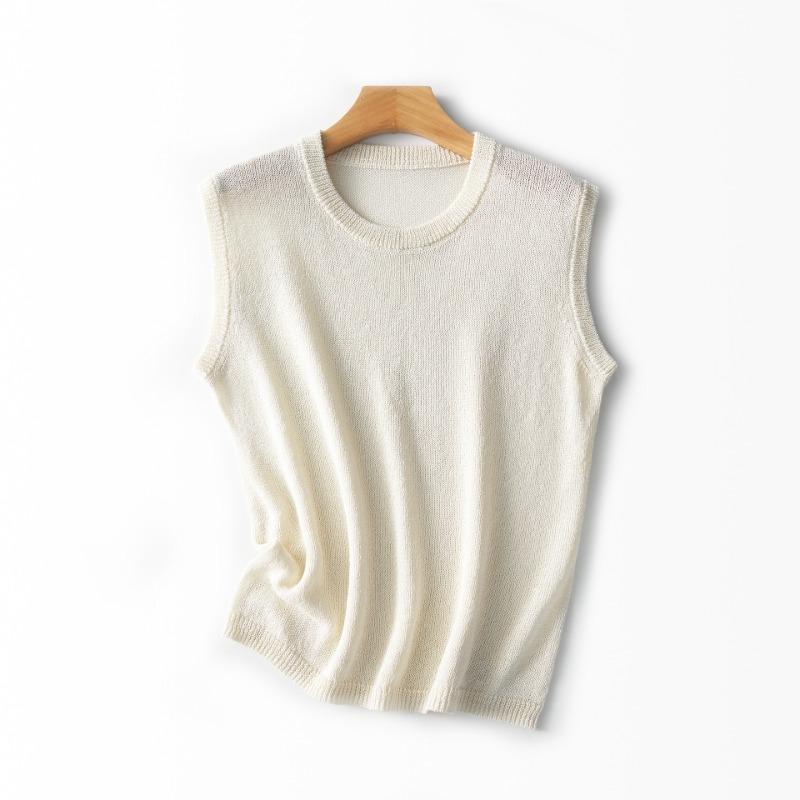 Silk and Paper Yarn Sleeveless Crew Neck Pullover Knitted Vest Women's Summer Light and Comfortable Bottoming Shirt