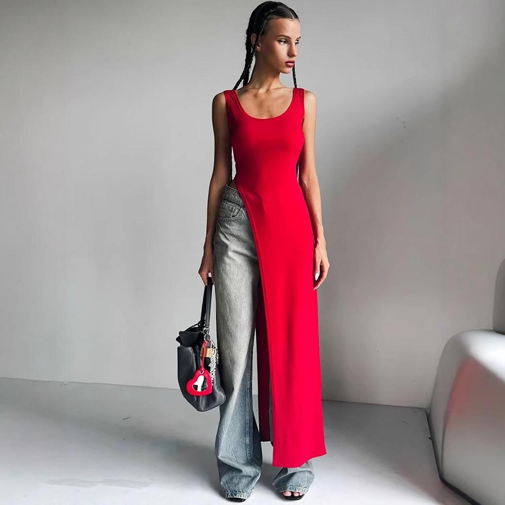 Women's 2025 Summer Fashion: Street Style Slit Shoulder Strap Camisole Long Vest