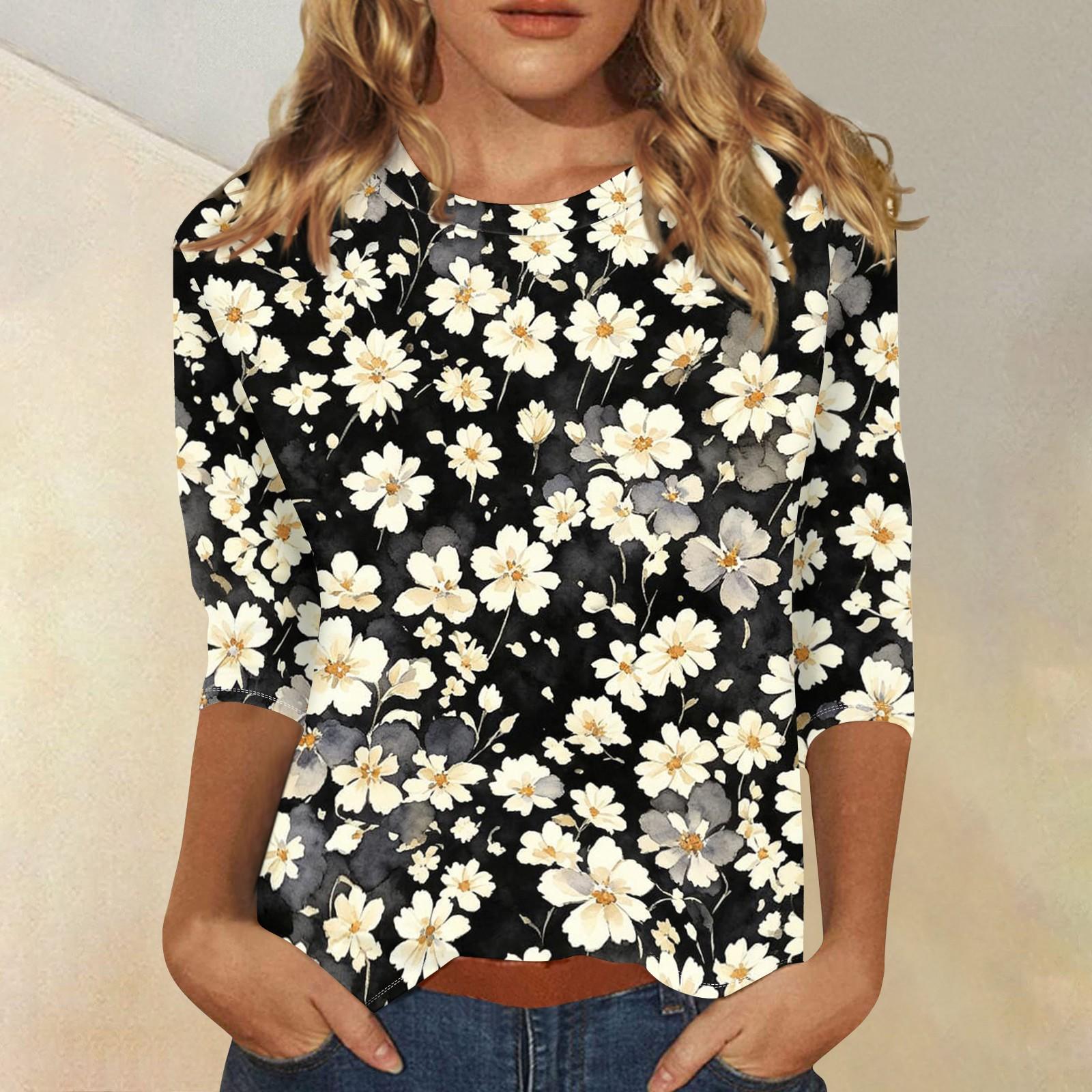 Women s Casual Floral Print Three Quarter Sleeve Crew Neck Top Lightweight Comfortable Fit Soft Fabric L чёрный