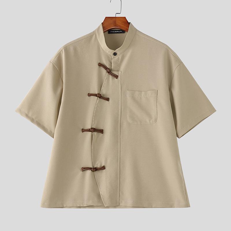 INCERUN Oversized Men Summer Short Sleeve Side Buttons Casual Vintage Tops Shirts