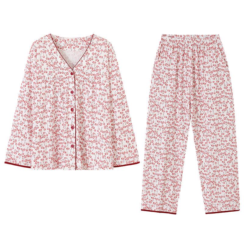 Set de pijama pentru femei cu decolteu în V din bumbac: Cardigan cu mânecă lungă și pantaloni, Mărime mare, Casual și croială largă pentru primăvară și toamnă