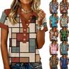 Women's Fashionable and Casual Summer V,neck Patchwork Short,sleeved Plaid Print Top