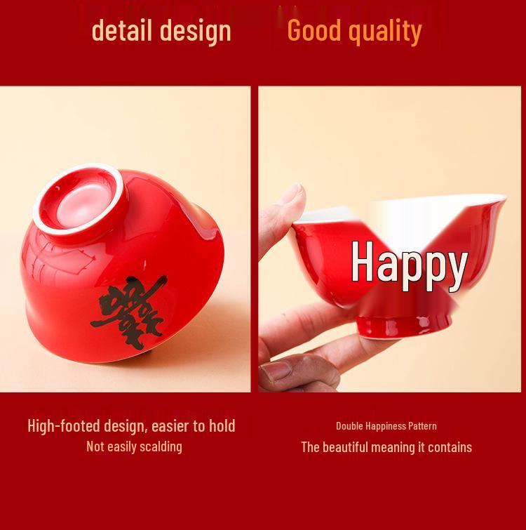 Red Double Happiness Ceramic Tableware Set: Wedding Bowl, Spoon, and Chopsticks Gift