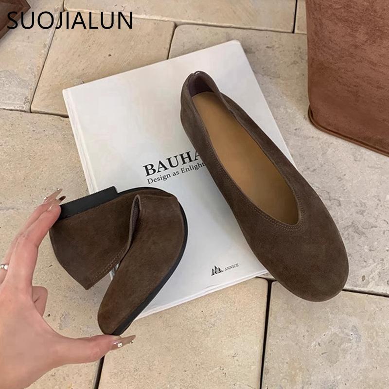 Fashion SUOJIALUN 2025 Women Genuine Leather Women Flat Shoes Fashion Round Toe Shallow Slip On Boat Shoes Soft Flat Heel Single Shoes