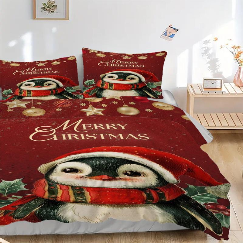 3pc Christmas Penguin with Santa Hat and Scarf Home Bedding Set-Festive Decoration for Bedroom,Guest Room,Living Room 1193a 135x200cm