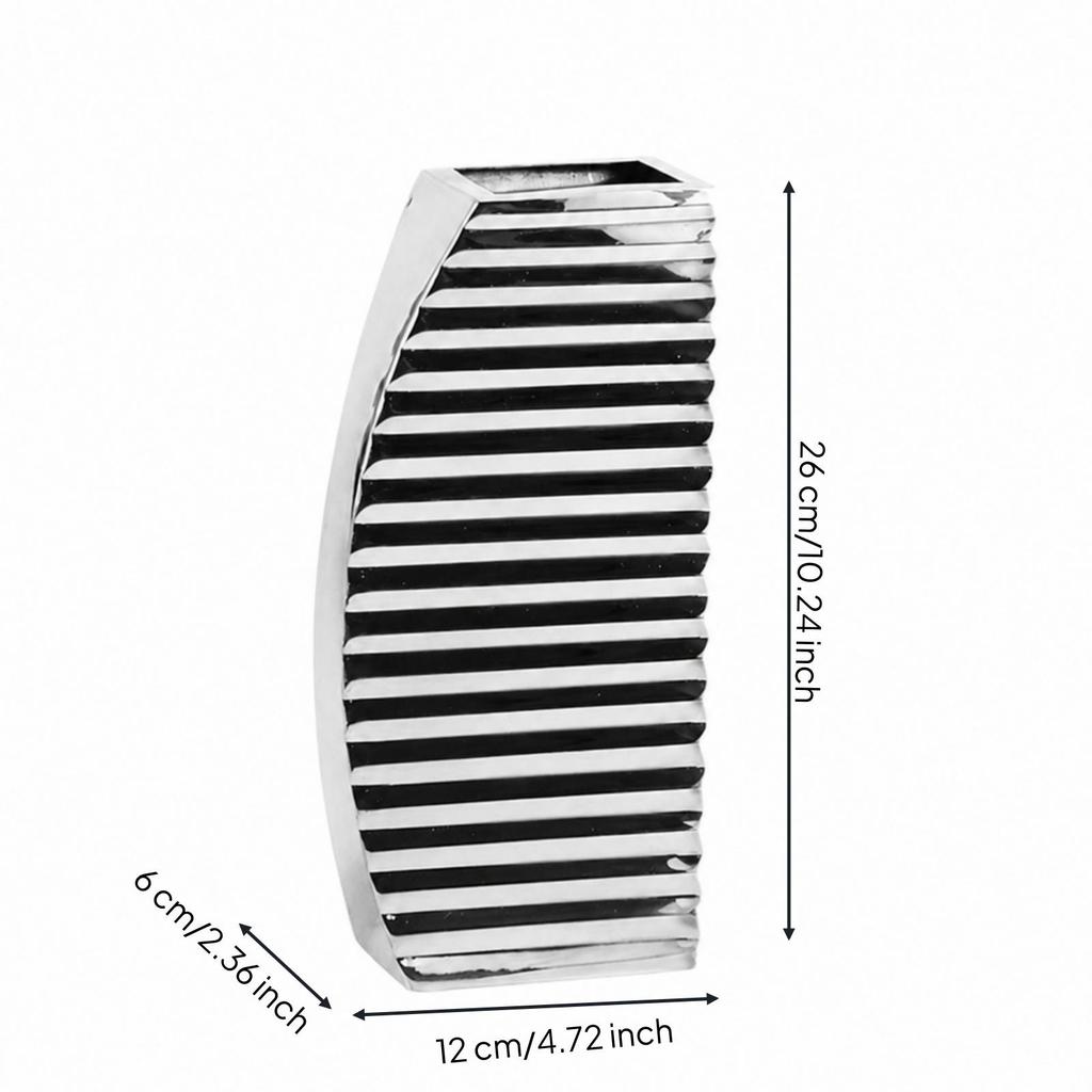 Silver Metal Decorative Vase Modern Faceted Ridged Sleek for Entryway