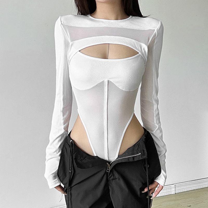 Women's Sheer Mesh Long-sleeve Bodysuit