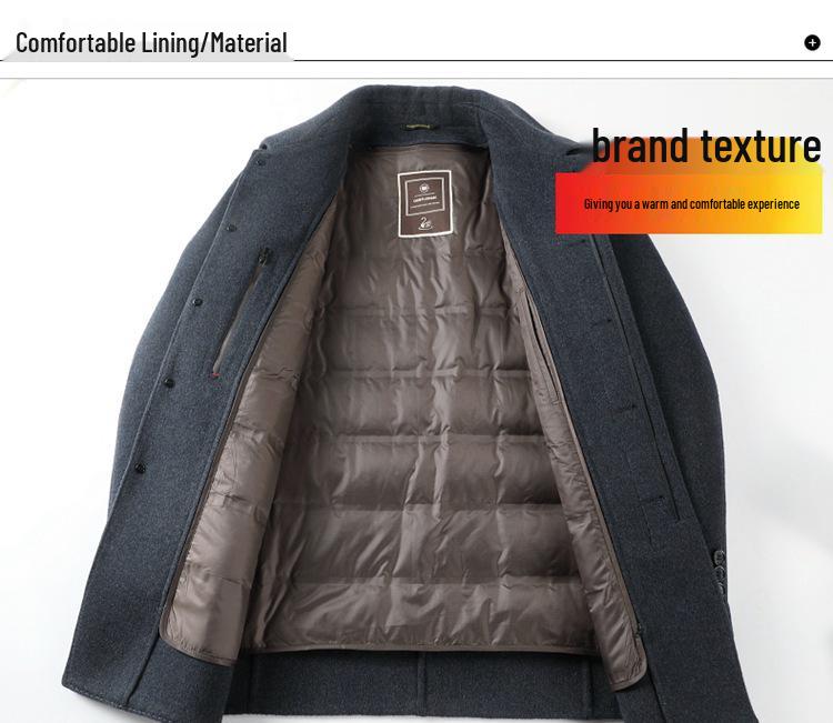 Men's Mid-Length Cashmere Coat with Detachable 90% Duck Down Liner - Warm Wool for Autumn/Winter