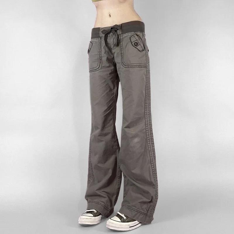ZYLLO Retro Snörning Låg Midja Byxor Streetwear Patchwork Lös Casual för Kvinnor Harajuku Raka Byxor Koreansk Mode