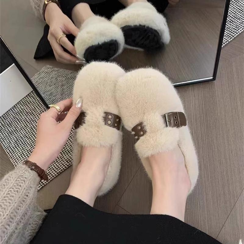 Mink Fur Shoes for Women  2026 New Autumn and Winter Bean Shoes  Women's Flat Bottom with Velvet Cotton Shoes