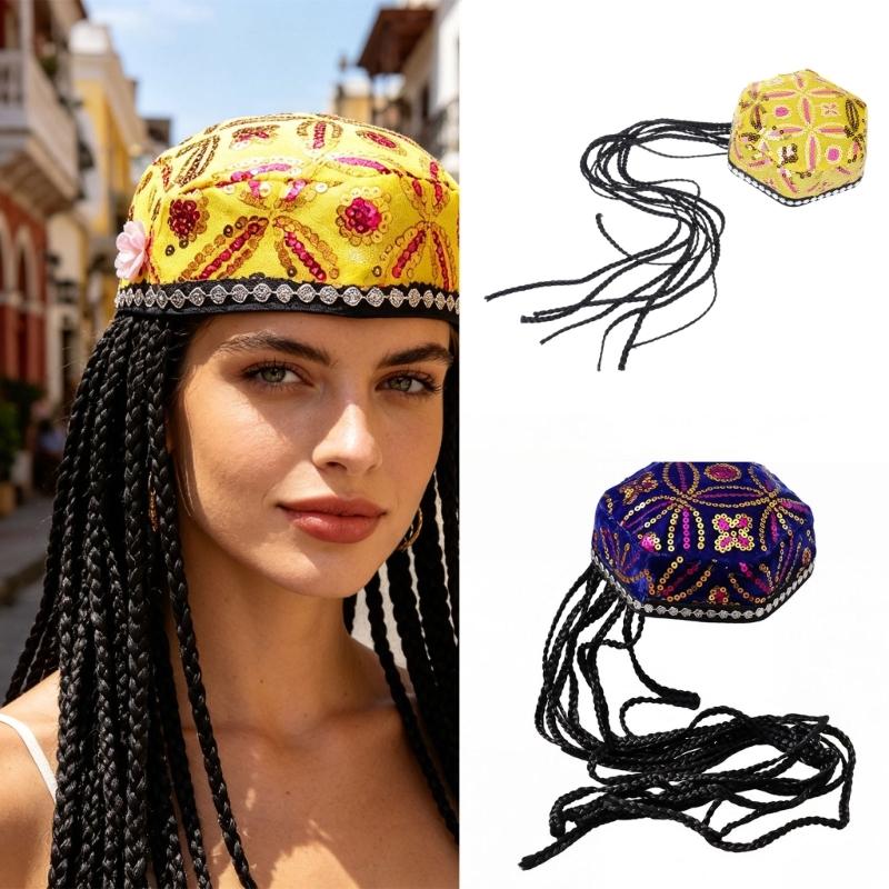 Elegant Beret Cap with Decorative Braids And Sequined Flower Decors Uyghur Hat For Stage Performances and Cultural Event