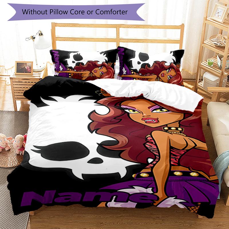 3pcs Custom Name Cartoon Monster High Bedding Set Duvet Cover Closure Includes 1 Duvet Cover & 2 Pillowcases for All Seasons Bedroom Decor