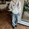 Vintage Zip-Up Hooded Sweatshirt Men Retro Streetwear Loose Fit Black Light Gray
