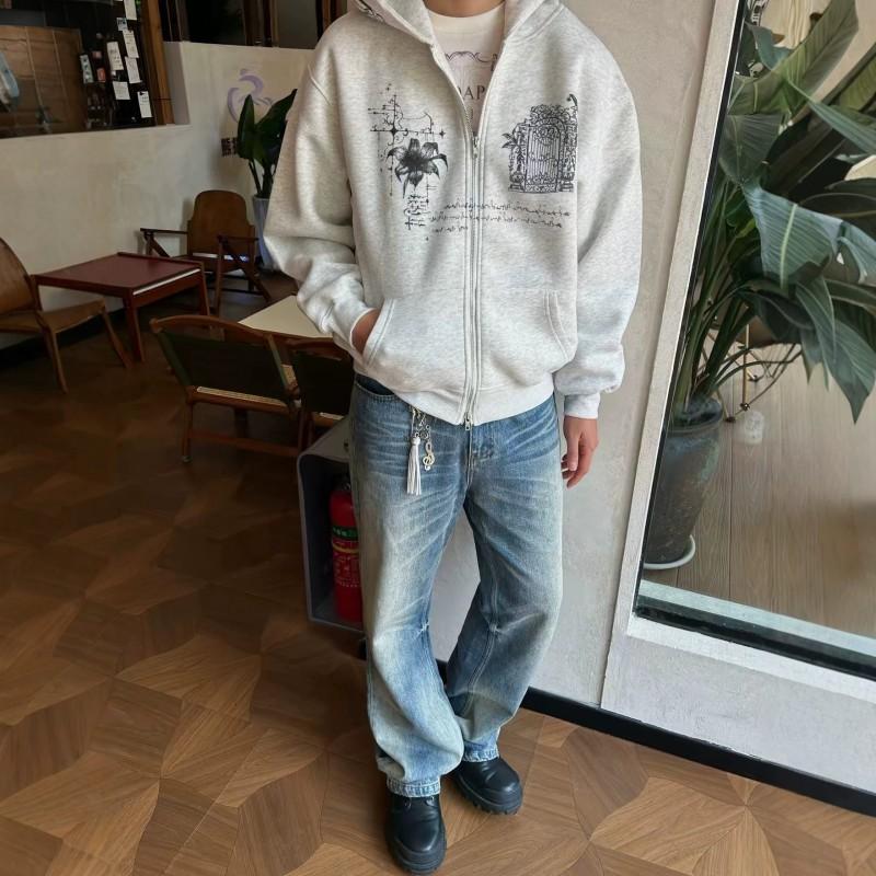 Vintage Zip-Up Hooded Sweatshirt Men Retro Streetwear Loose Fit Black Light Gray