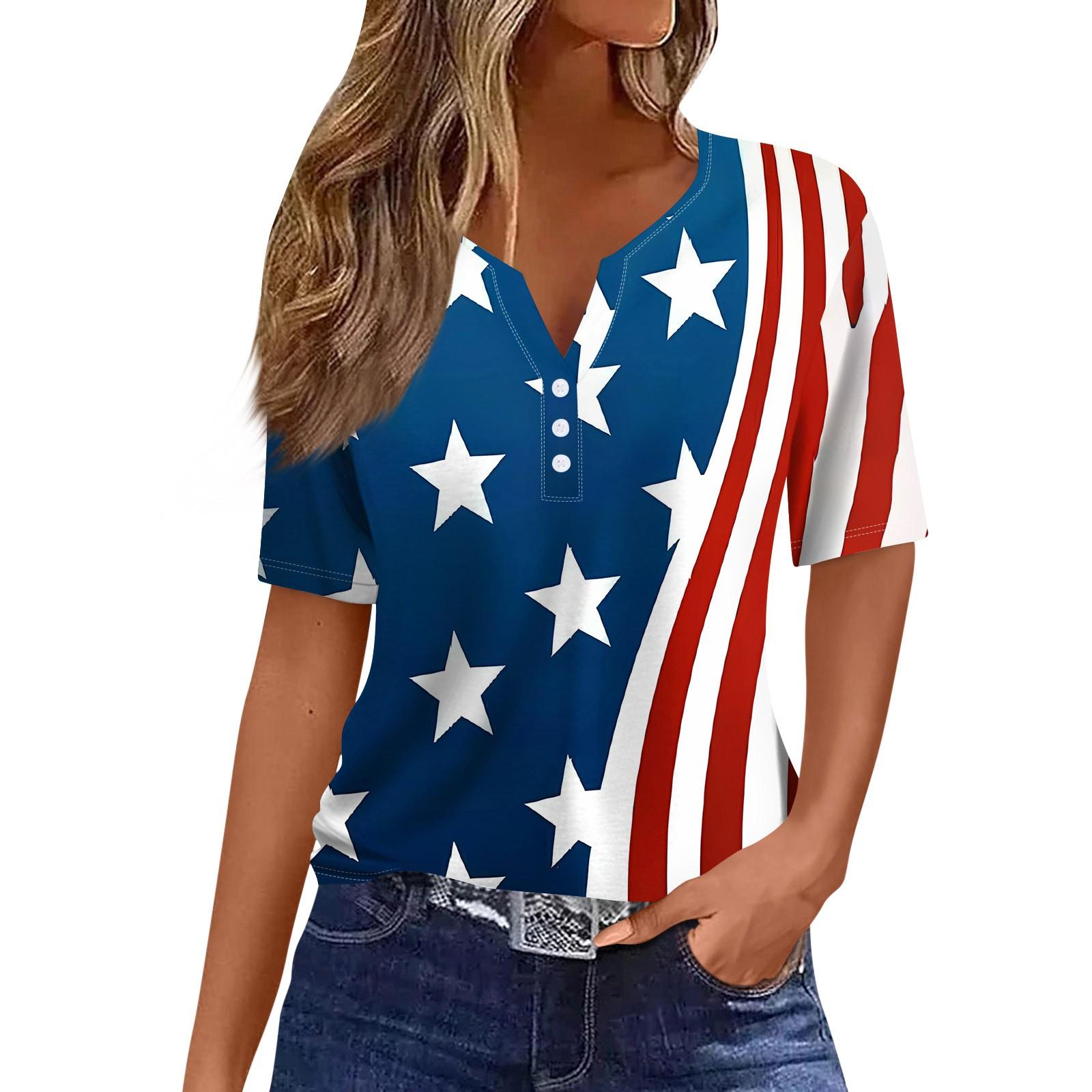 

Жен. Футболка День независимости С принтом Пуговицы С короткими рукавами Повседневные Выходные Мода Классический Классический V-образный вырез Обычный Топ L красный