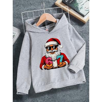 Spring And Autumn Boys' Casual And Fashionable Christmas, 67 Digital Cartoon Printed Grey Hooded Sweatshirt