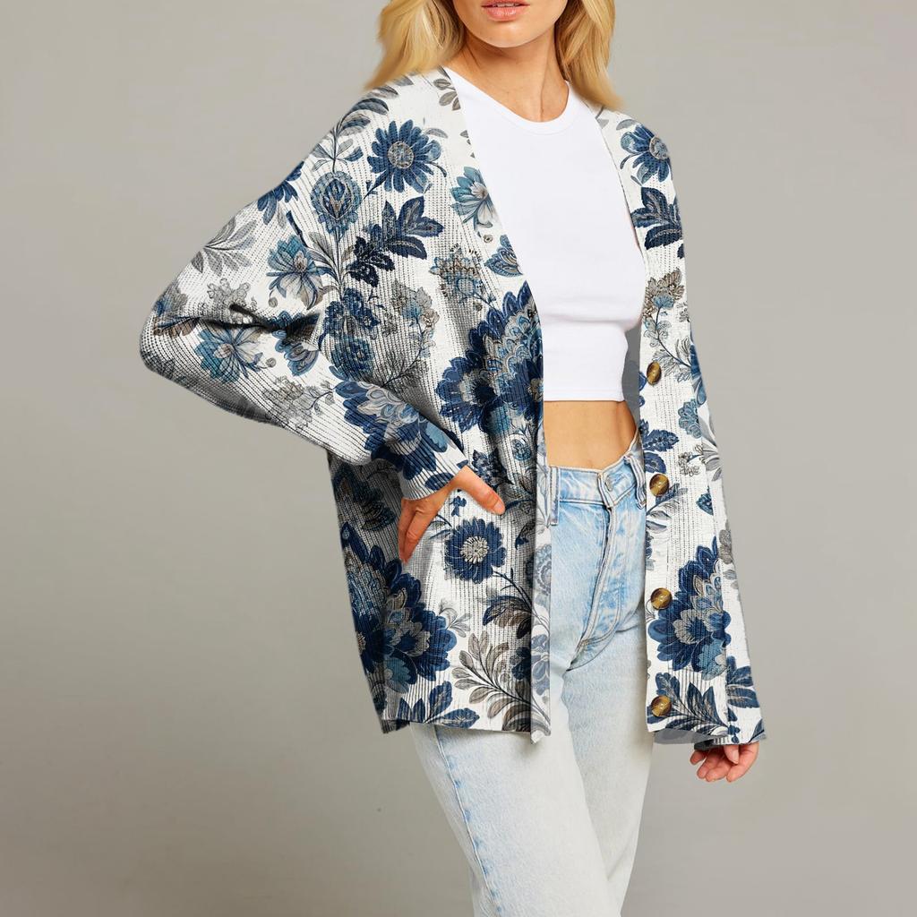 Women's Fashion Long Sleeve Print V-Neck Button Loose Cardigan Top