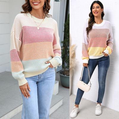 2023 Herbst Damen Freizeitpullover Locker Große Größe Rundhals Zweifarbig Kontrastpullover