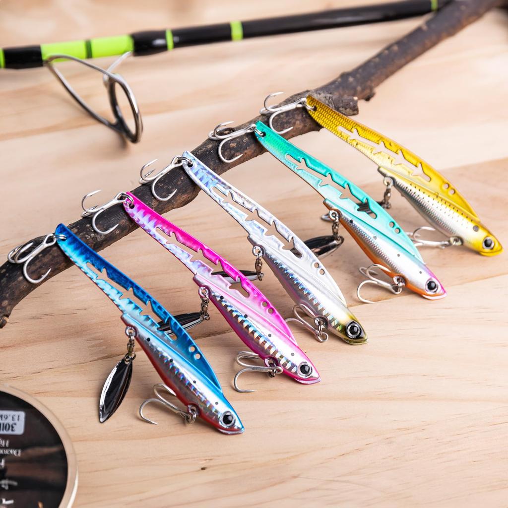 Goture Blade Metal Sea Bass Set of Available in 5 Jig Spinners with Spin Tail Triple Fishing Lure Bluefish Fishing Spoon Boat Sea Yellowtail Jigs,