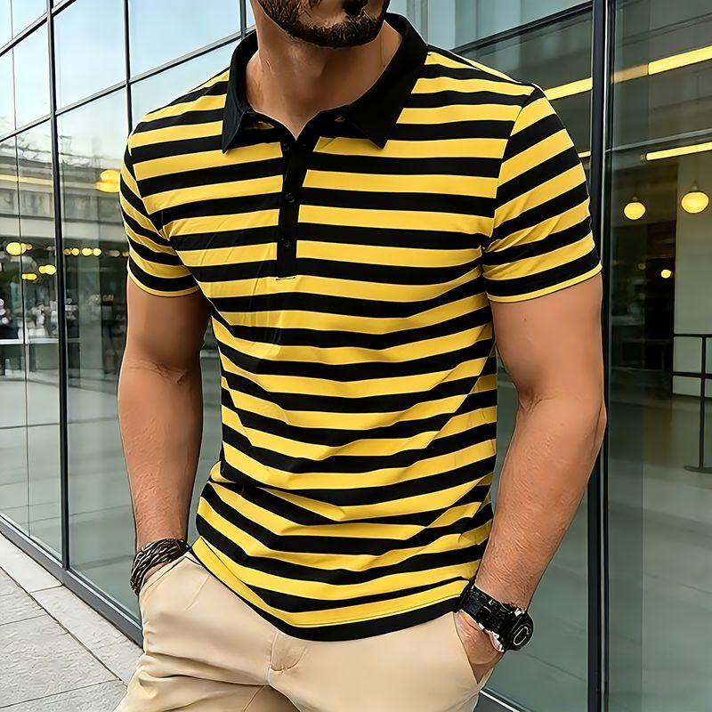 Summer Men's Classic Striped Polo Shirts Short Sleeve Breathable Casual T-Shirt Contrast Color Lapel Collar Streetwear Basic Top