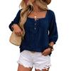 Women Square Neck Linen Blouse Half Button Loose Boho Casual Summer Top