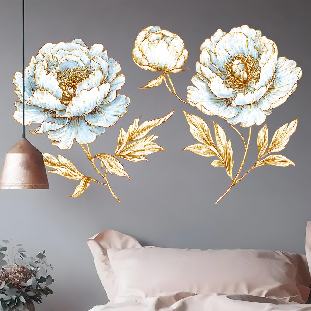 Gold Leaf Flower Wall Sticker Removable Self-Adhesive Background Decor for Bedroom Living Room Home Decoration