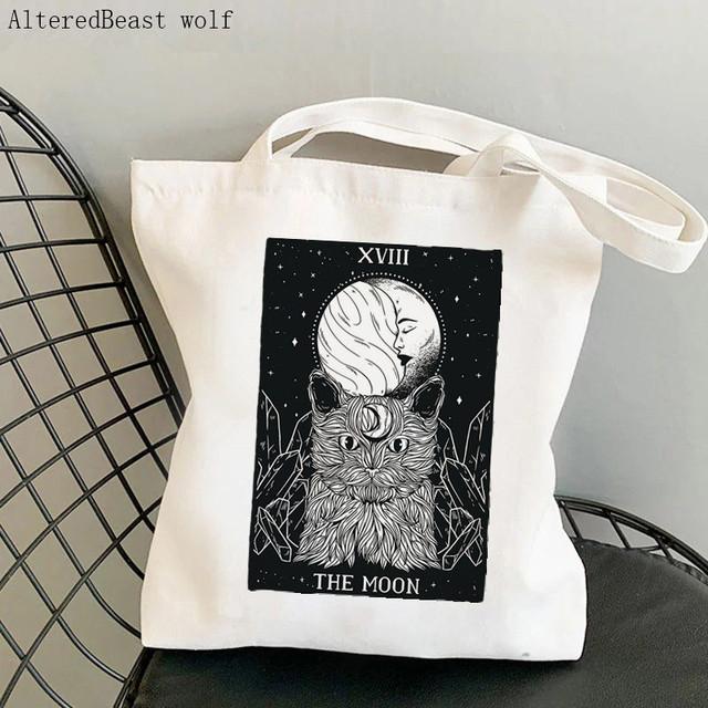Dam Shopper bag katt Månen Tarot Tryckt Kawaii Väska Harajuku Shopping Canvas Shopper Bag flicka handväska Tote Axel Damväska