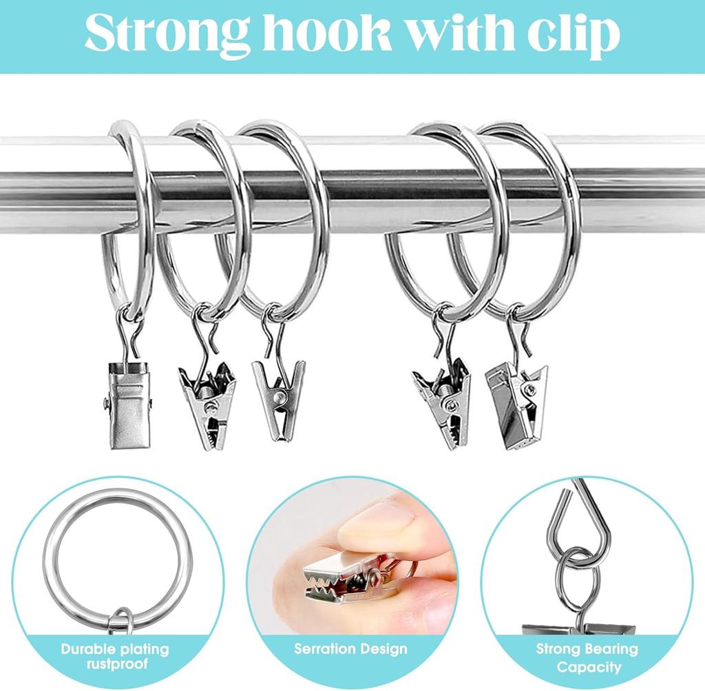 Metal Curtain Rod Clip with Rings Hooks Retro Drapes Tie Buckles Home Bedroom Bathroom Decorative Hanger Shower Curtain Clips
