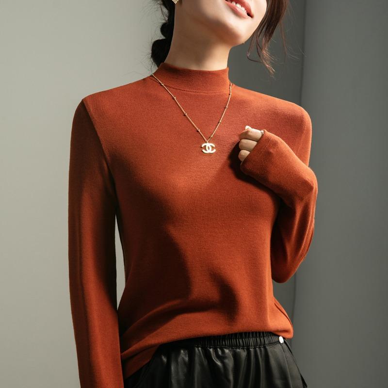 Ankola red semi-turtleneck wool fleece bottoming shirt with autumn and winter new T-shirt medium neck slim-fit top