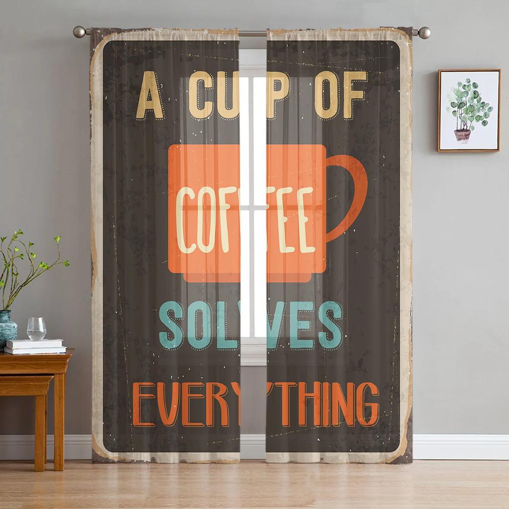 Vintage Text Coffee Tulle Curtains for Living Room Printed Sheer Voile Curtain Bedroom Window Screening Drapes Blinds Home Decor
