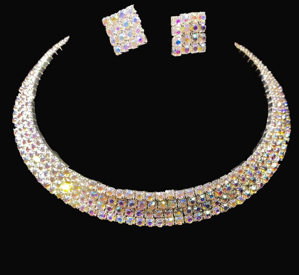 Elegant Rhinestone Claw Chain Bridal Jewelry Set: Multi-Row Earrings & Necklace